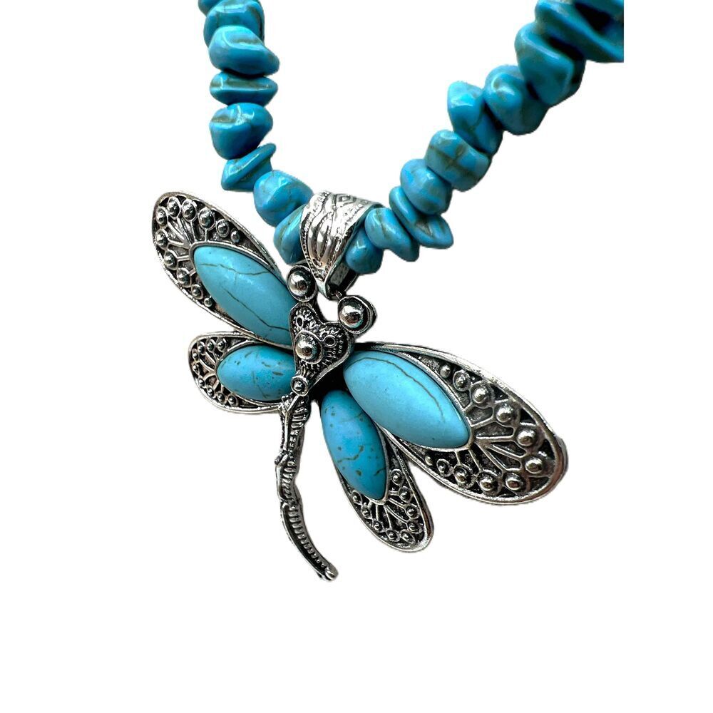 NWOT Turquoise Stones Dragonfly Pendant Beaded Necklace - Picture 5 of 10
